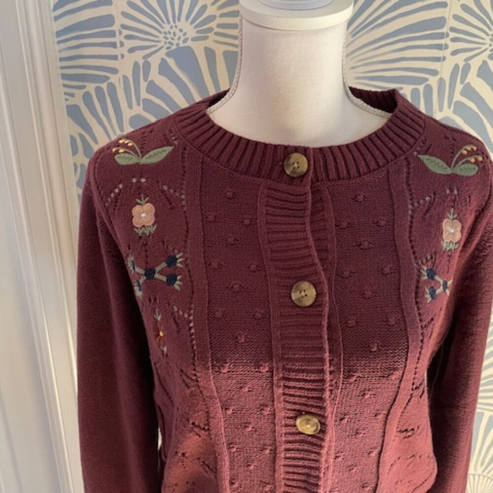 Lucky Brand Floral Embroidered Pointelle Cardigan Sweater Plum Size S - Picture 3 of 9